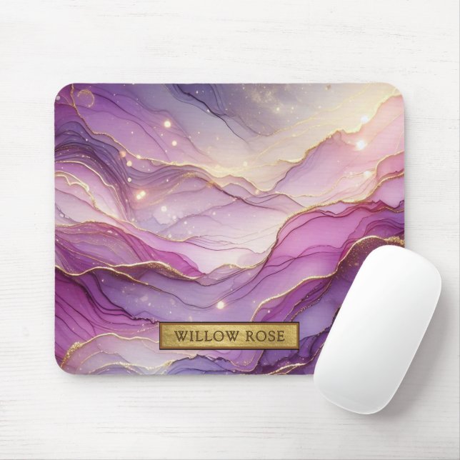 Gold Name Abstract Modern Purple Pink Chic Sparkle Mouse Pad (With Mouse)