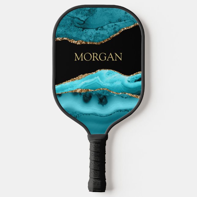 Gold Name, Black, Gold & Teal Agate Pickleball Paddle (Back)
