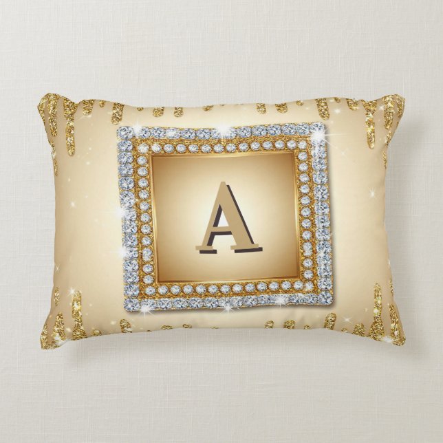 ✨ Gold Name Monogram Diamond Frame ✨ Accent Pillow (Front)