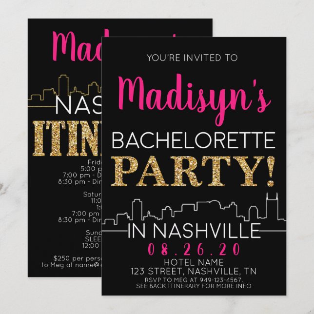 Gold Nashville Bachelorette Party Itinerary and Invitation (Front/Back)