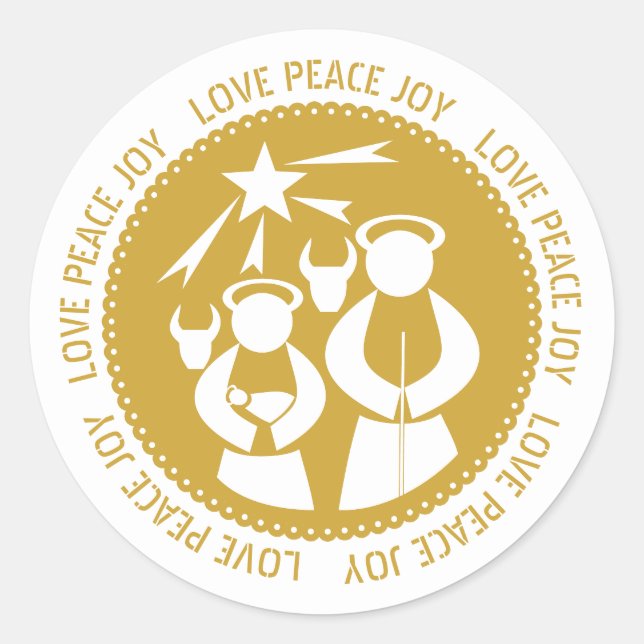 Gold nativity Scene Love, Peace, Joy Christmas Classic Round Sticker (Front)