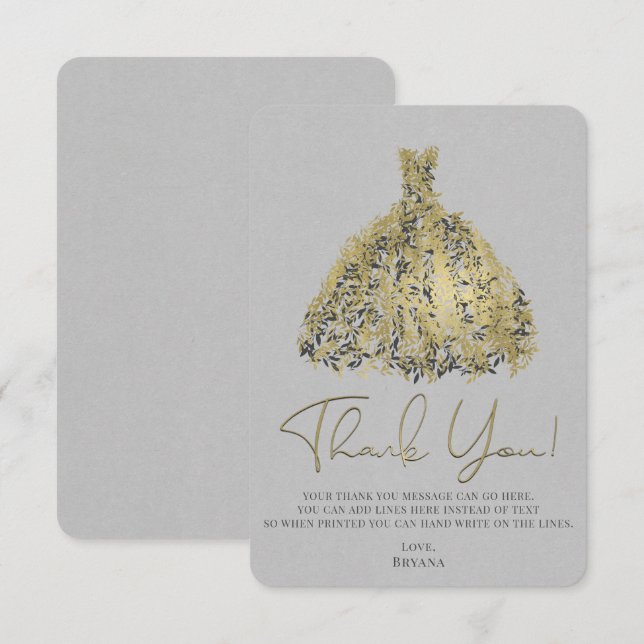 Gold Natural Grey Modern Botanical Dress Thank You Invitation (Front/Back)