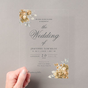Gold Natural Rustic Floral Elegant Script Wedding Acrylic Invitations