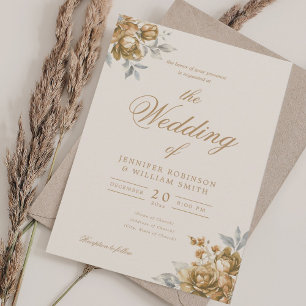 Gold Natural Rustic Floral Elegant Script Wedding Invitation