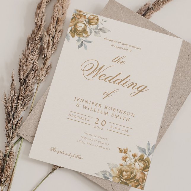 Gold Natural Rustic Floral Elegant Script Wedding  Invitation (Gold Natural Rustic Floral Elegant Script Wedding Invitation)