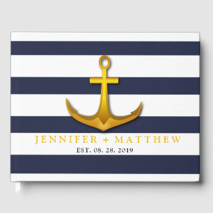 Gold Nautical Anchor Navy Blue & White Wedding Guest Book