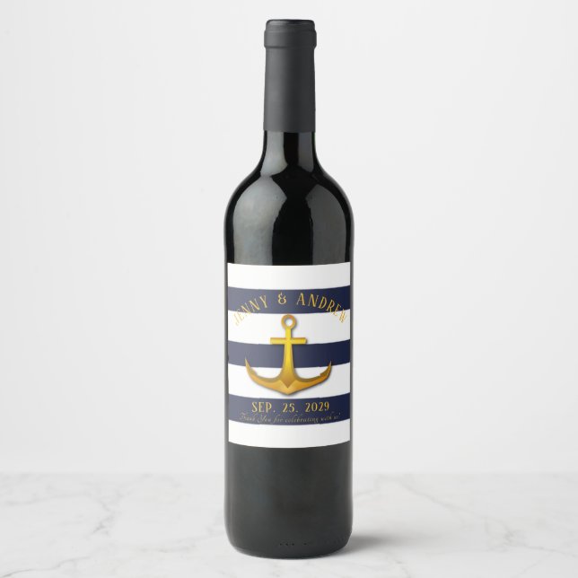 Gold Nautical Anchor Navy Blue & White Wedding Wine Label (Front)