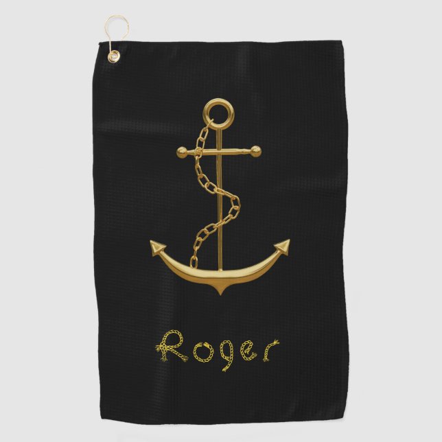 Gold nautical anchor on royal blue custom name golf towel (Front)