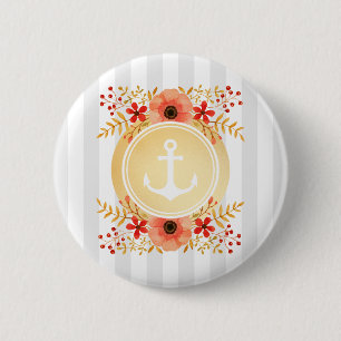 Gold Nautical Anchor Watercolor Floral Striped 2 Inch Round Button