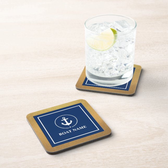 Gold Nautical Boat Name Anchor Navy Blue Coaster (Right Side)