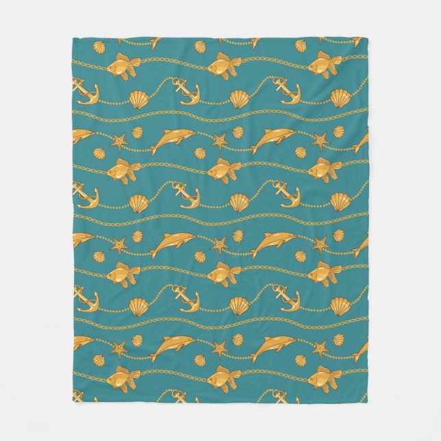 Gold Nautical Pattern Fleece Blanket (Front)