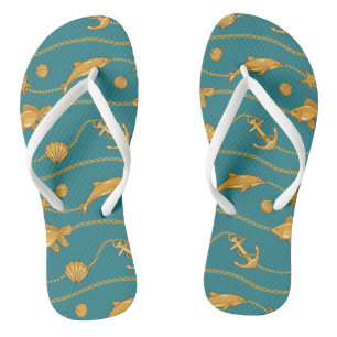 Gold Nautical Pattern Flip Flops