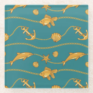 Gold Nautical Pattern Glass Coaster