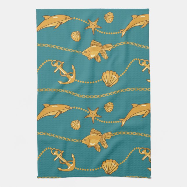 Gold Nautical Pattern Kitchen Towel (Vertical)