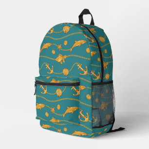 Gold Nautical Pattern Printed Backpack