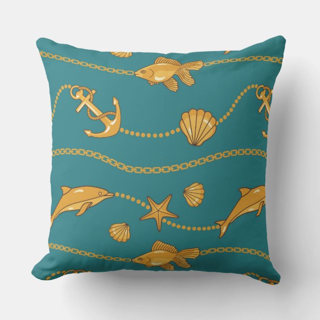 Gold Nautical Pattern Throw Pillow (Front)