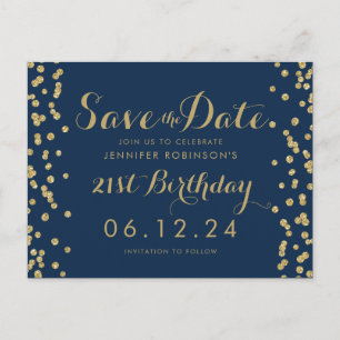 Gold Navy 21st Birthday Save The Date Confetti Announcement Postcard