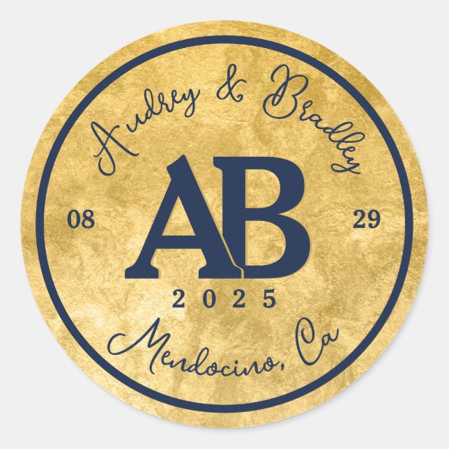Gold Navy 2 Letter Monogram Wedding Classic Round Sticker (Front)