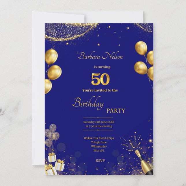 Gold & Navy 50th Birthday Party Invitation (Devant)