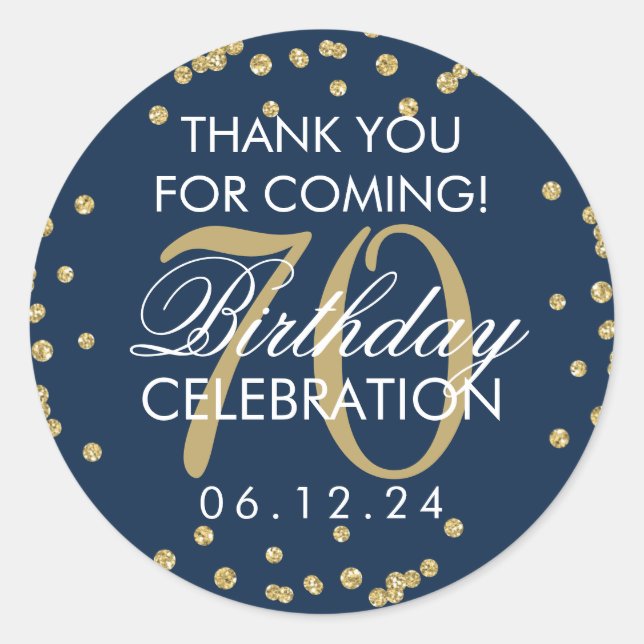 Gold Navy 70th Birthday Thank You Glitter Confetti Classic Round Sticker (Front)