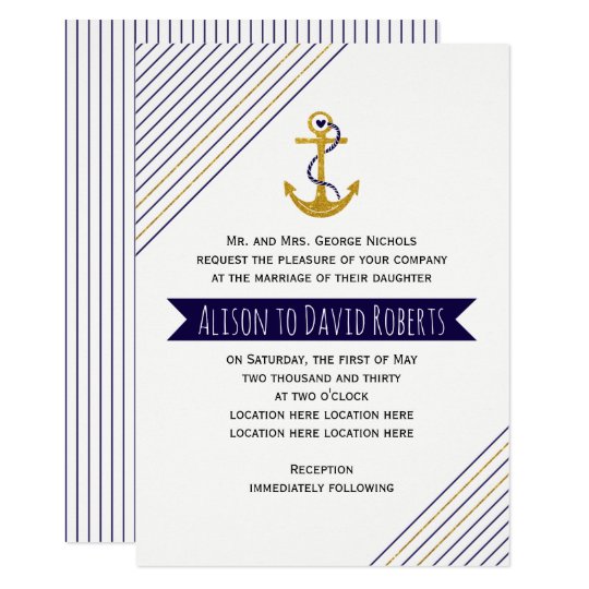 Gold, navy anchor, stripes nautical beach wedding card