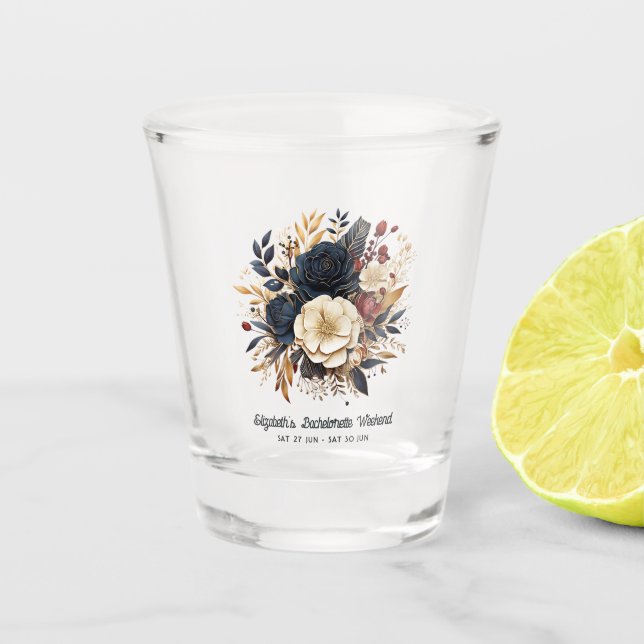Gold, Navy, and Burgundy Floral Bachelorette Party Shot Glass (Front)