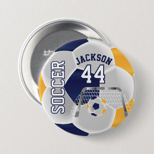 Gold, Navy and White Personalize Soccer Ball 3 Inch Round Button