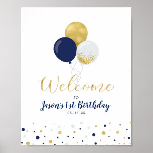 Gold & Navy Balloons   Boy 1st Birthday Welcome Poster