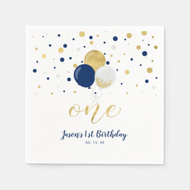 Gold & Navy | Balloons, Confetti Boy 1st Birthday Napkin (Front)