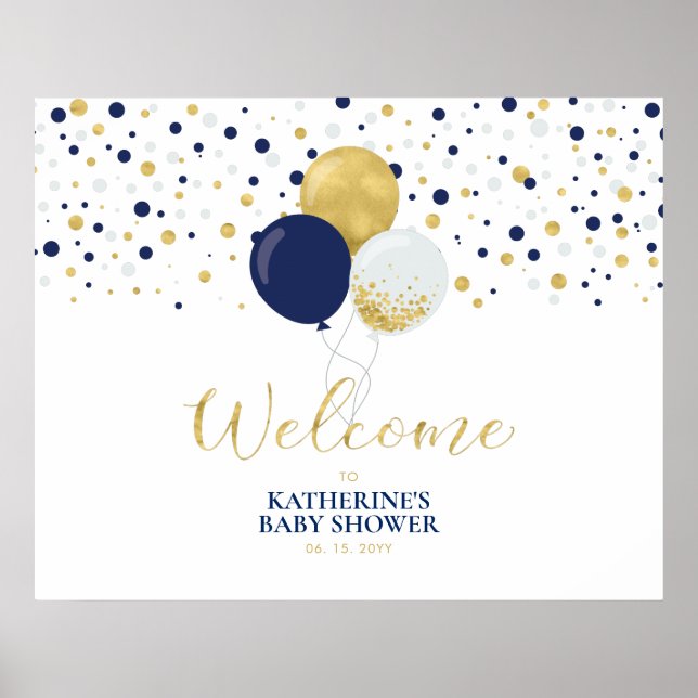 Gold & Navy Balloons Modern Baby Shower Welcome Poster (Front)