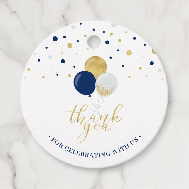 Gold & Navy Balloons | Party Thank you Favour Tag (Front)