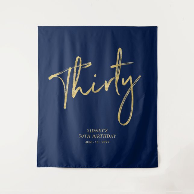 Gold & Navy Blue 30th Birthday Party Backdrop Tapestry (Front)