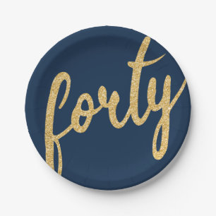 Gold Navy Blue 40 Birthday Party Glitter "Forty" Paper Plate