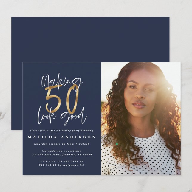 Gold navy blue 50 look good photo birthday (Front/Back)