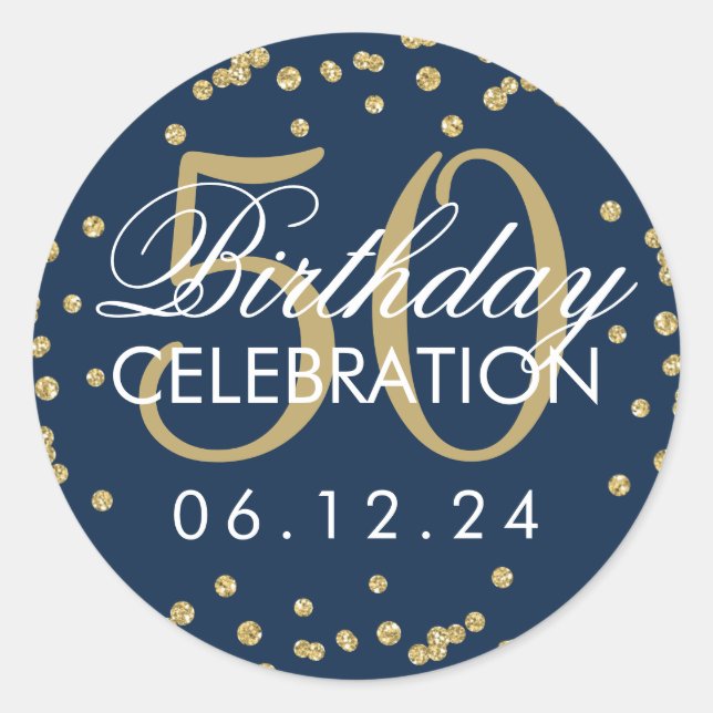 Gold Navy Blue 50th Birthday Glitter Confetti Classic Round Sticker (Front)