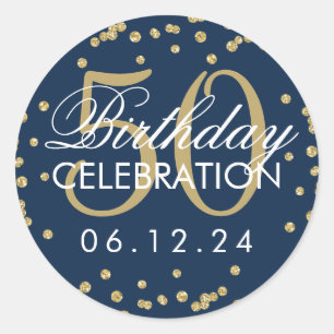 Gold Navy Blue 50th Birthday Glitter Confetti Classic Round Sticker