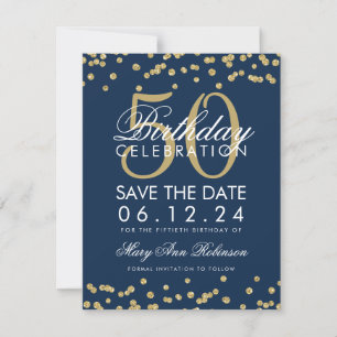 Gold Navy Blue 50th Birthday Save Date Confetti Save The Date