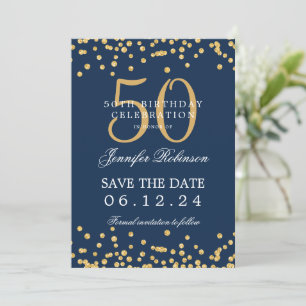 Gold Navy Blue 50th Birthday Save the Date Details Invitation