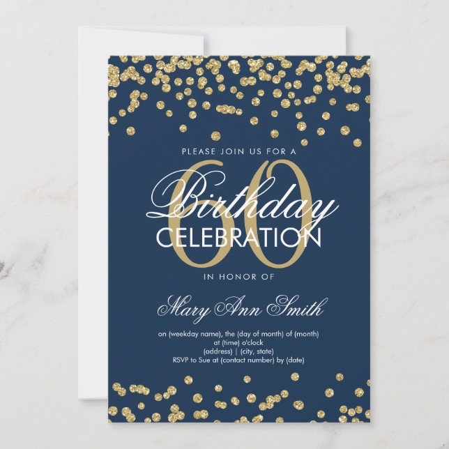Gold Navy Blue 60th Birthday Glitter Confetti Invitation (Front)