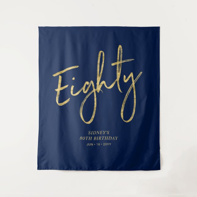 Gold & Navy Blue 80th Birthday Party Backdrop Tapestry (Front)