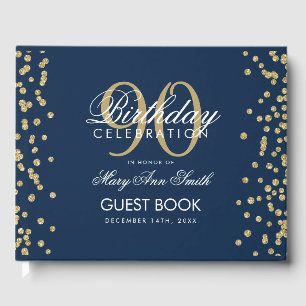 Gold Navy Blue 90th Birthday Glitter Confetti Guest Book