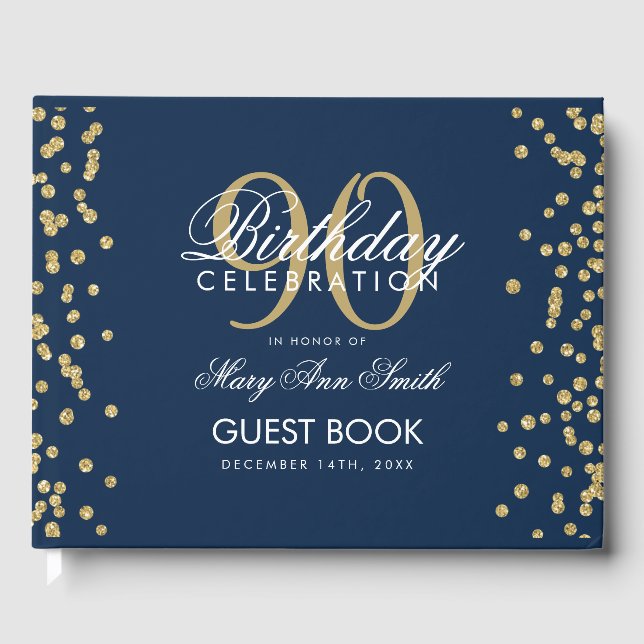Gold Navy Blue 90th Birthday Glitter Confetti Guest Book (Front)