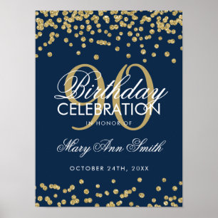 Gold Navy Blue 90th Birthday Glitter Confetti Poster