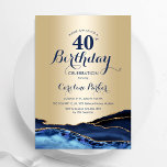 Gold Navy Blue Agate 40th Birthday Invitation<br><div class="desc">Navy blue and gold agate 40th birthday party invitation. Elegant modern design featuring royal blue watercolor agate marble geode background,  faux glitter gold and typography script font. Trendy invite card perfect for a stylish women's bday celebration. Printed Zazzle invitations or instant download digital printable template.</div>
