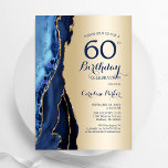 Gold Navy Blue Agate 60th Birthday Invitation<br><div class="desc">Navy blue and gold agate 60th birthday party invitation. Elegant modern design featuring royal blue watercolor agate marble geode background,  faux glitter gold and typography script font. Trendy invite card perfect for a stylish women's bday celebration. Printed Zazzle invitations or instant download digital printable template.</div>