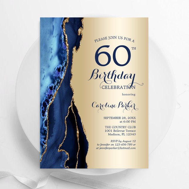 Gold Navy Blue Agate 60th Birthday Invitation (Creator Uploaded)