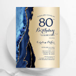 Gold Navy Blue Agate 80th Birthday Invitation<br><div class="desc">Navy blue and gold agate 80th birthday party invitation. Elegant modern design featuring royal blue watercolor agate marble geode background,  faux glitter gold and typography script font. Trendy invite card perfect for a stylish women's bday celebration. Printed Zazzle invitations or instant download digital printable template.</div>