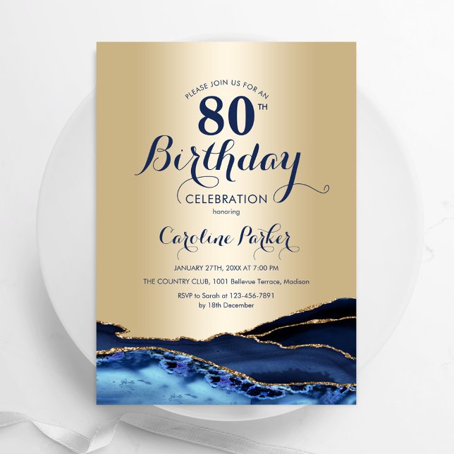Gold Navy Blue Agate Marble 80th Birthday Invitation (Creator Uploaded)