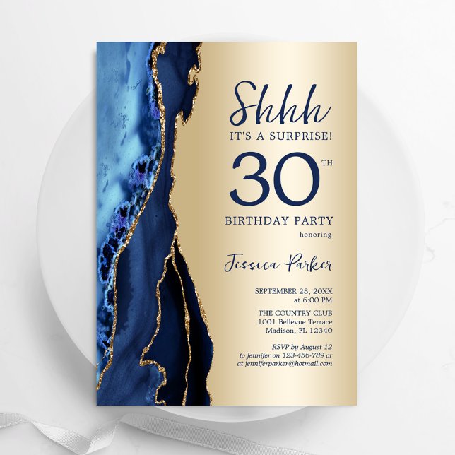 Gold Navy Blue Agate Surprise 30th Birthday Invitation (Creator Uploaded)