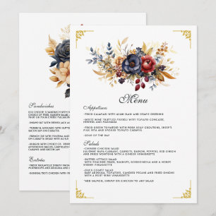 Gold, Navy Blue, and Burgundy Floral Wedding Menu